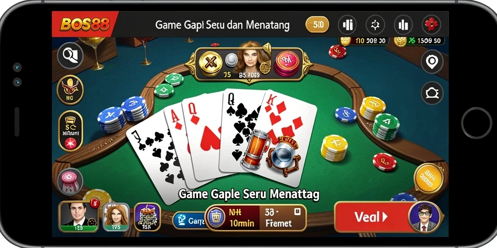 Menampilkan gameplay seru dalam permainan Gaple BOS88.