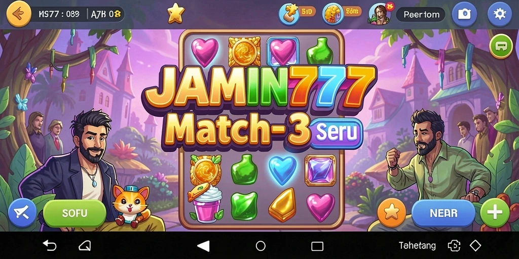 Screenshot menunjukkan gameplay menarik dari JAMIN777 dengan level Match-3.