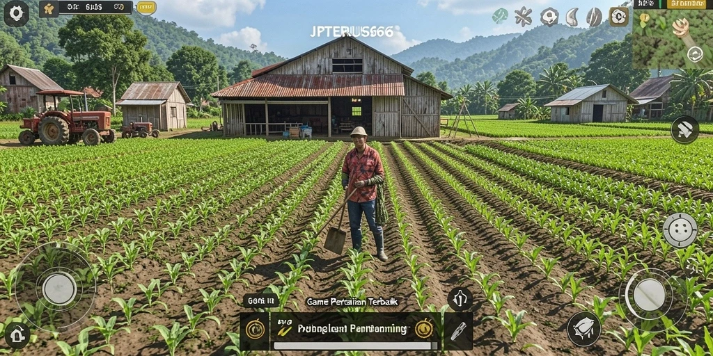 Tampilan gameplay JPTERUS66 dengan ladang yang subur dan beragam tanaman.