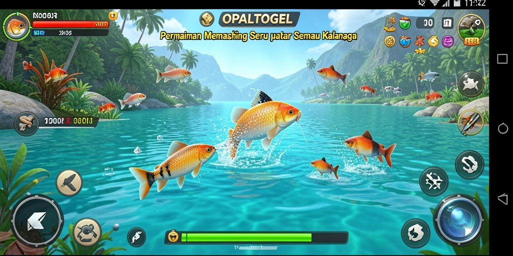 Screenshot gameplay OPALTOGEL yang menunjukkan aksi memancing di lokasi eksotis.