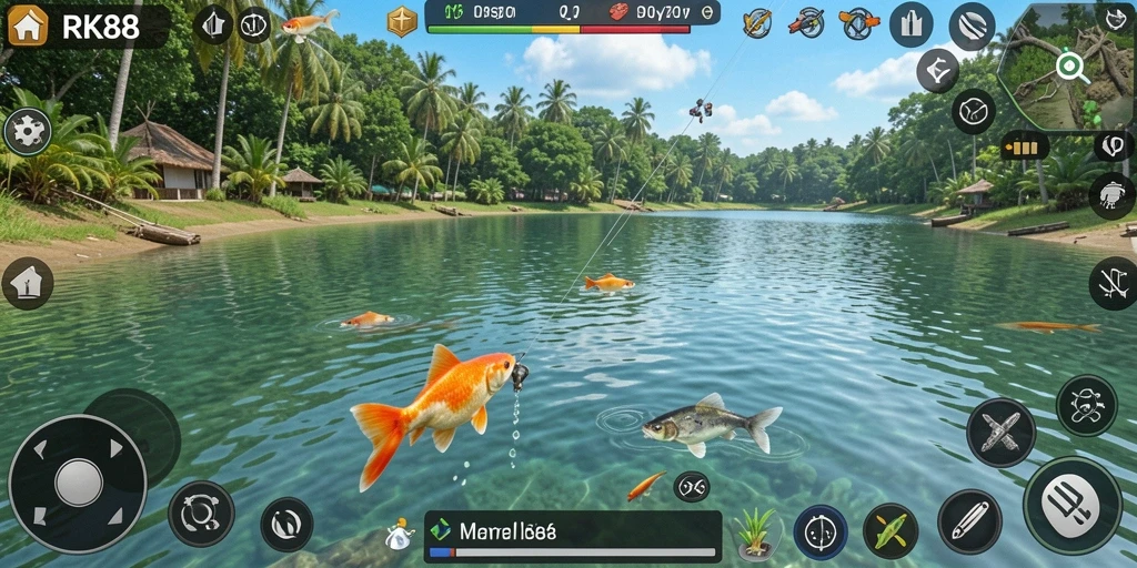 Gameplay Fishing menampilkan pengalaman memancing yang menyenangkan dan realistis.