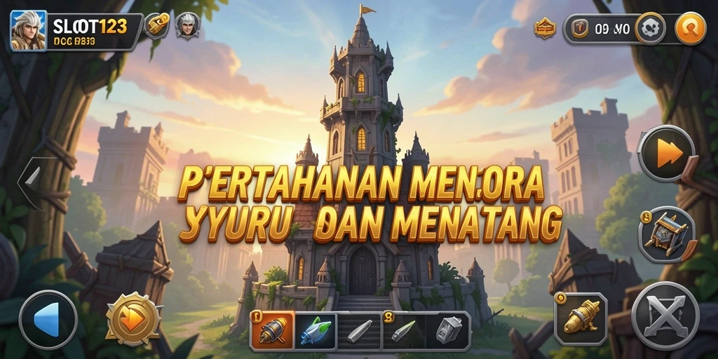 Screenshot menunjukkan pertempuran strategis dalam game Tower Defense.